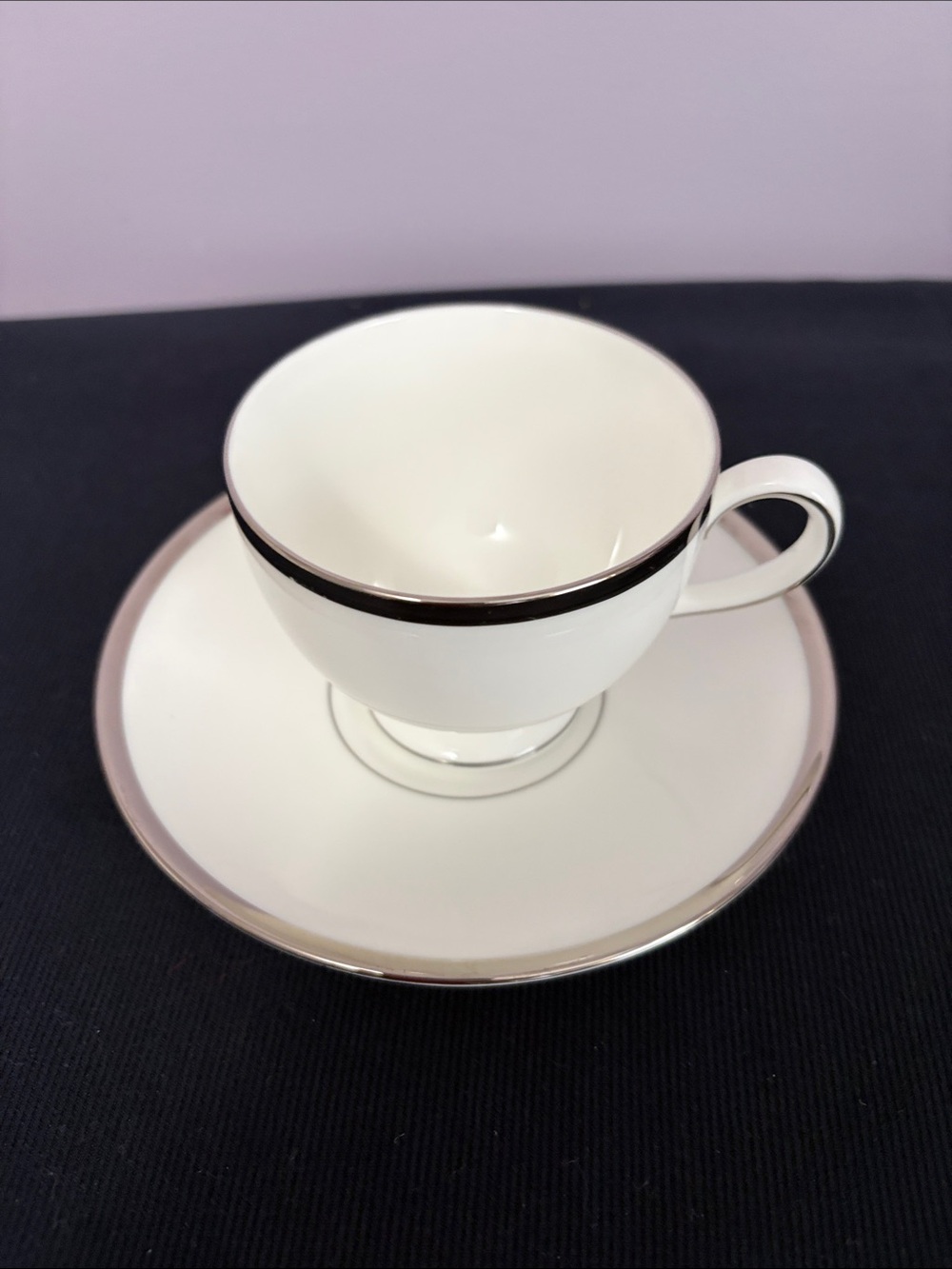 Wedgwood Carlyn White Porcelain Teacup and Saucer with Silver Band